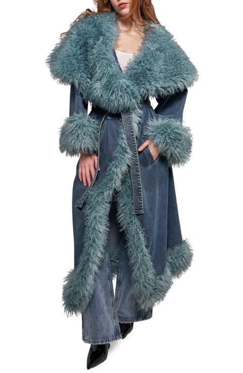 Vellum Faux Fur Trim Denim Trench Coat