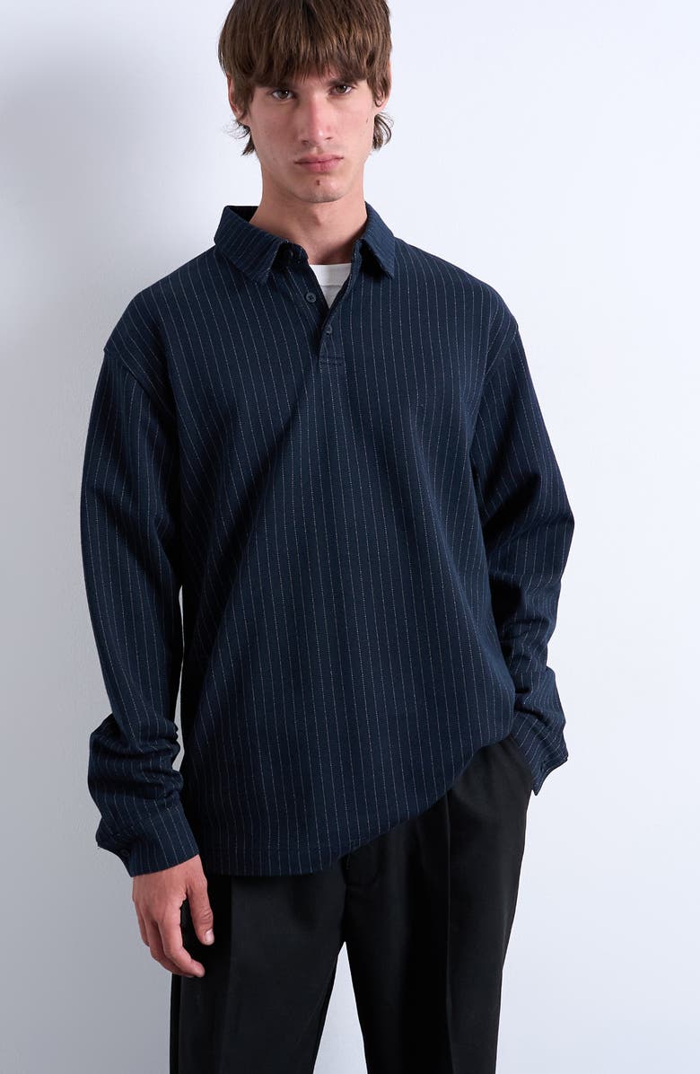 Topman Pinstripe Long Sleeve Polo, Main, color, Navy