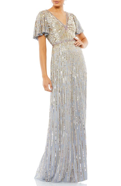 Embellished V Neck Butterfly Sleeve Column Gown