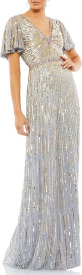 MAC DUGGAL シルバー装飾Vネックバタフライスリーブコラムガウン Mac Duggal Embellished V Neck Butterfly Sleeve Column Gown