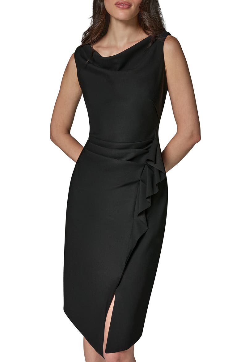 Ruffle Detail Sheath Midi Dress, Alternate, color, BLACK