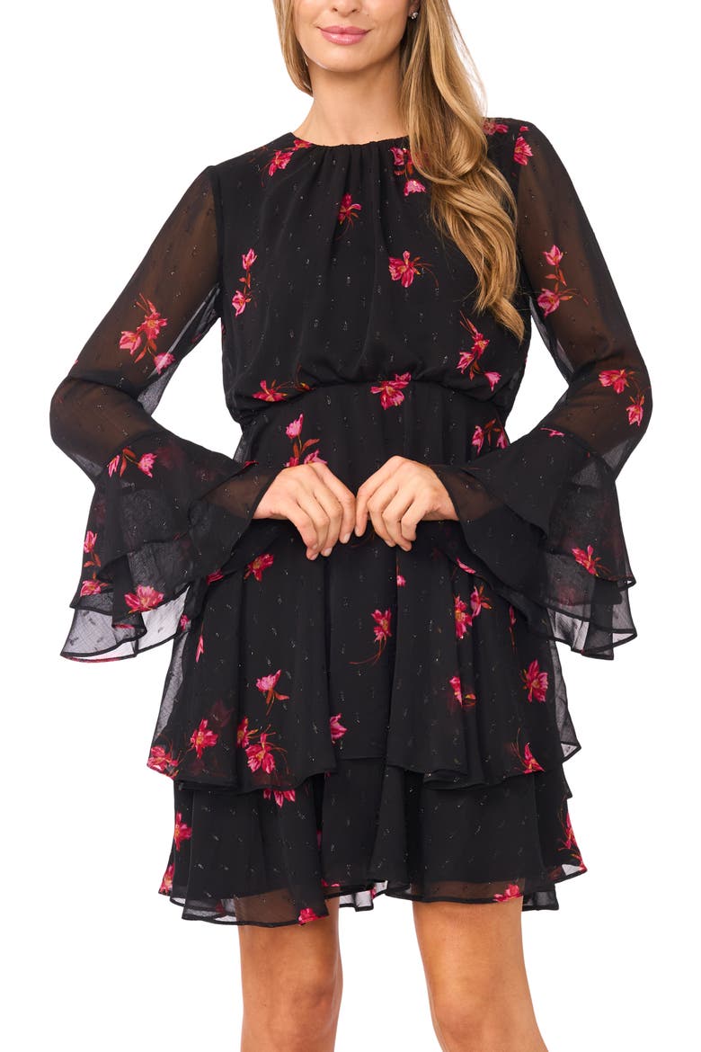 Floral Ruffle Long Sleeve Chiffon Dress, Alternate, color, RICH BLACK