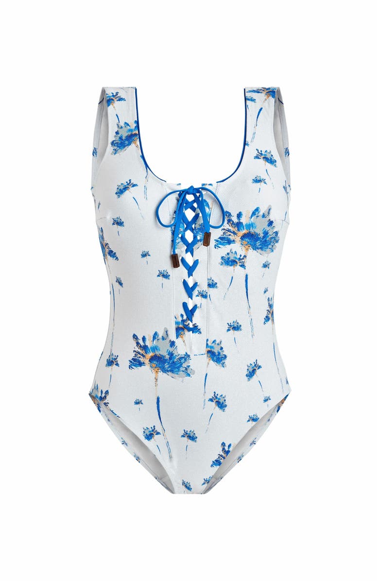 Vilebrequin Women's Herbier Shiny Jersey Lace-Up One-Piece Swimsuit, Alternate, color, Off-White