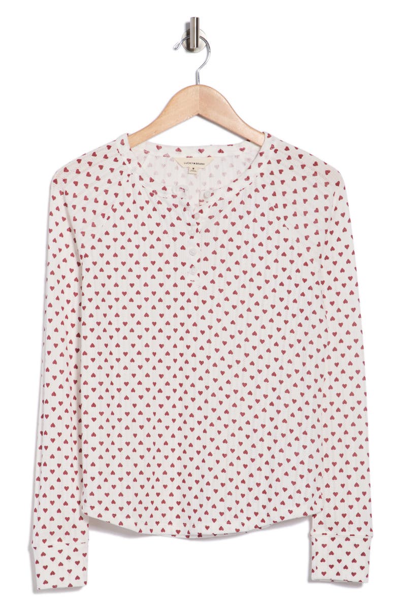 Lucky Brand Heart Print Pointelle Henley, Main, color, Cream/ Red Hearts