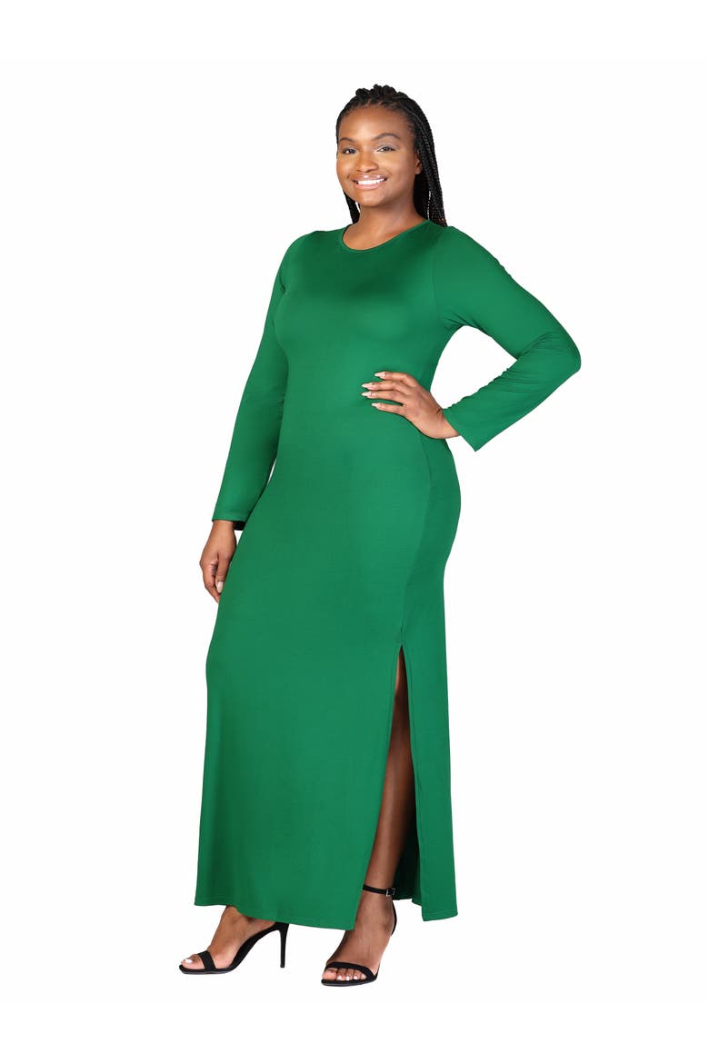 Plus Size Long Sleeve Side Slit Fitted Black  Maxi Dress, Alternate, color, Emerald