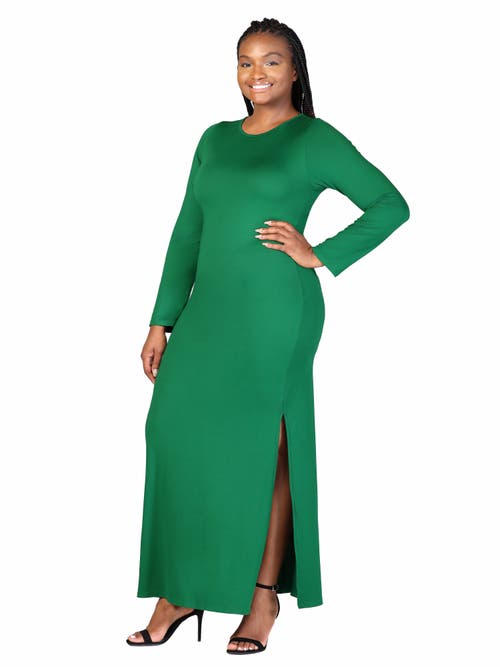 24seven Comfort Apparel Plus Size Long Sleeve Side Slit Fitted Black Maxi Dress In Green