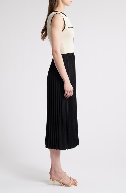 Zoe And Claire Mixed Media Pleated Midi Dress In Khaki/black