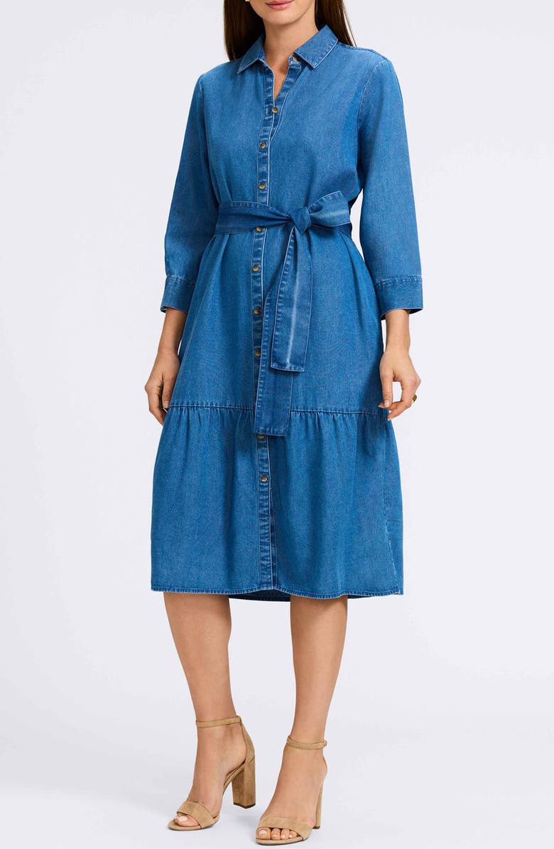 Foxcroft Ivy Long Sleeve Belted Denim Shirtdress, Main, color, Medium Wash
