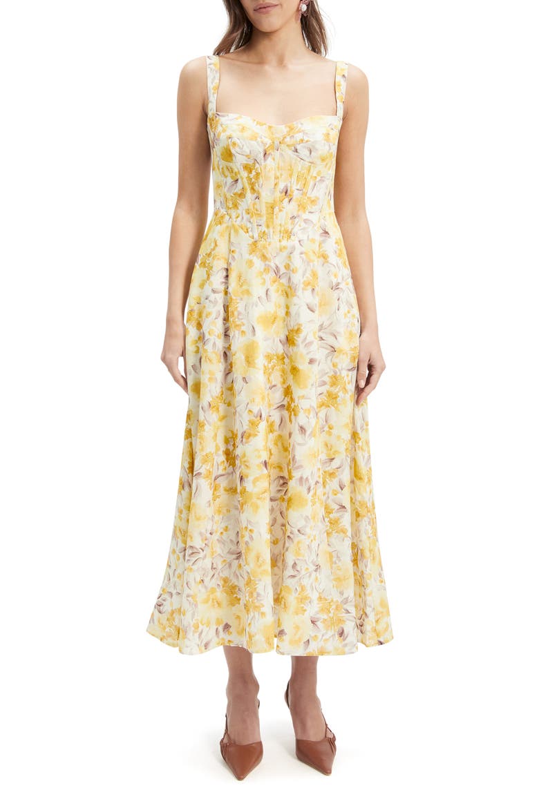 Lilah Corset Midi Dress, Main, color, YELLOW FLORAL