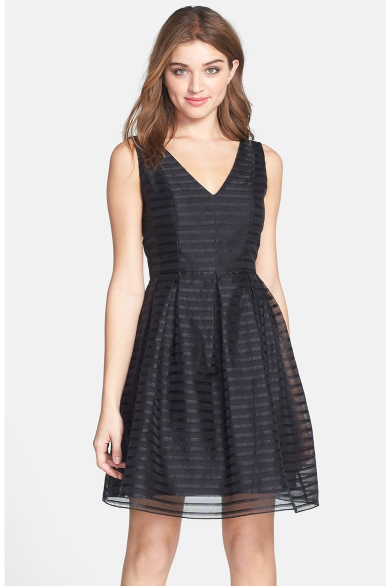 'Rita' Ribbon Stripe Silk Organza Fit & Flare Dress, Main, color, BLACK
