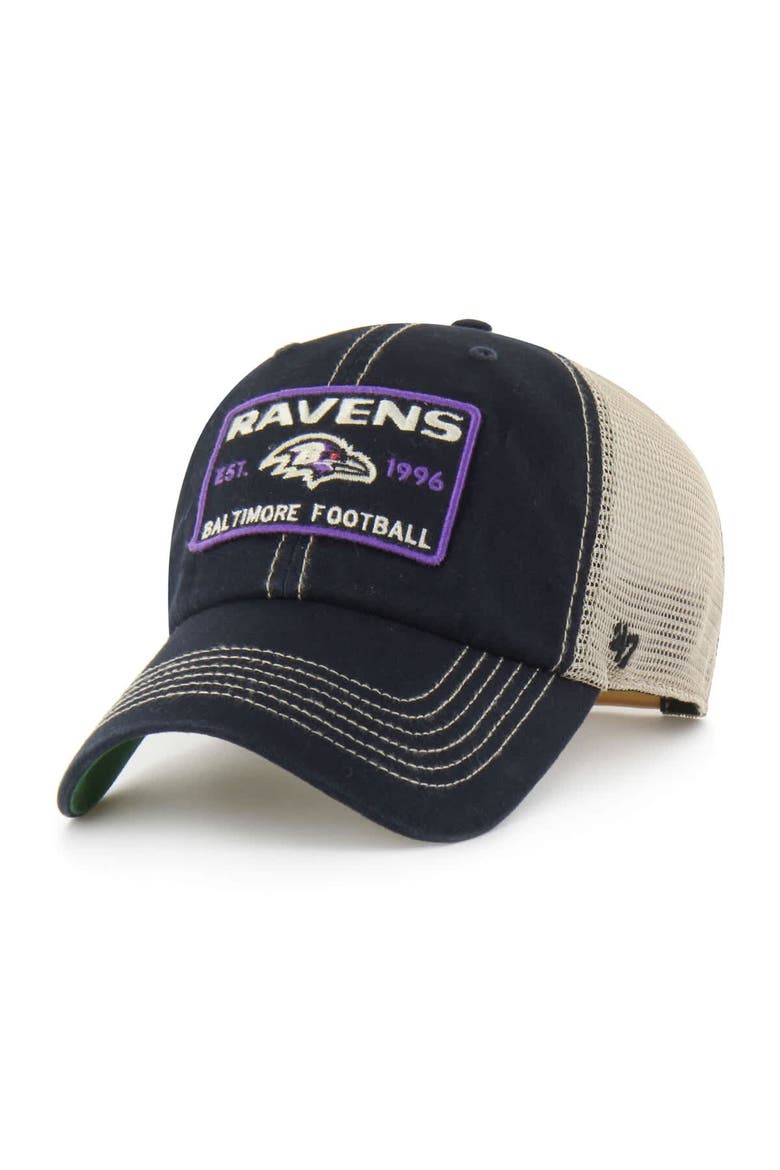 Men's '47  Black Baltimore Ravens Wabash Trucker Clean Up Adjustable Hat, Main, color, Black