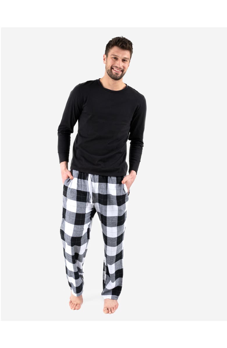 Leveret Men's Cotton Top & Flannel Pants Printed Holiday Pajama Set, Main, color, Plaid Black & White
