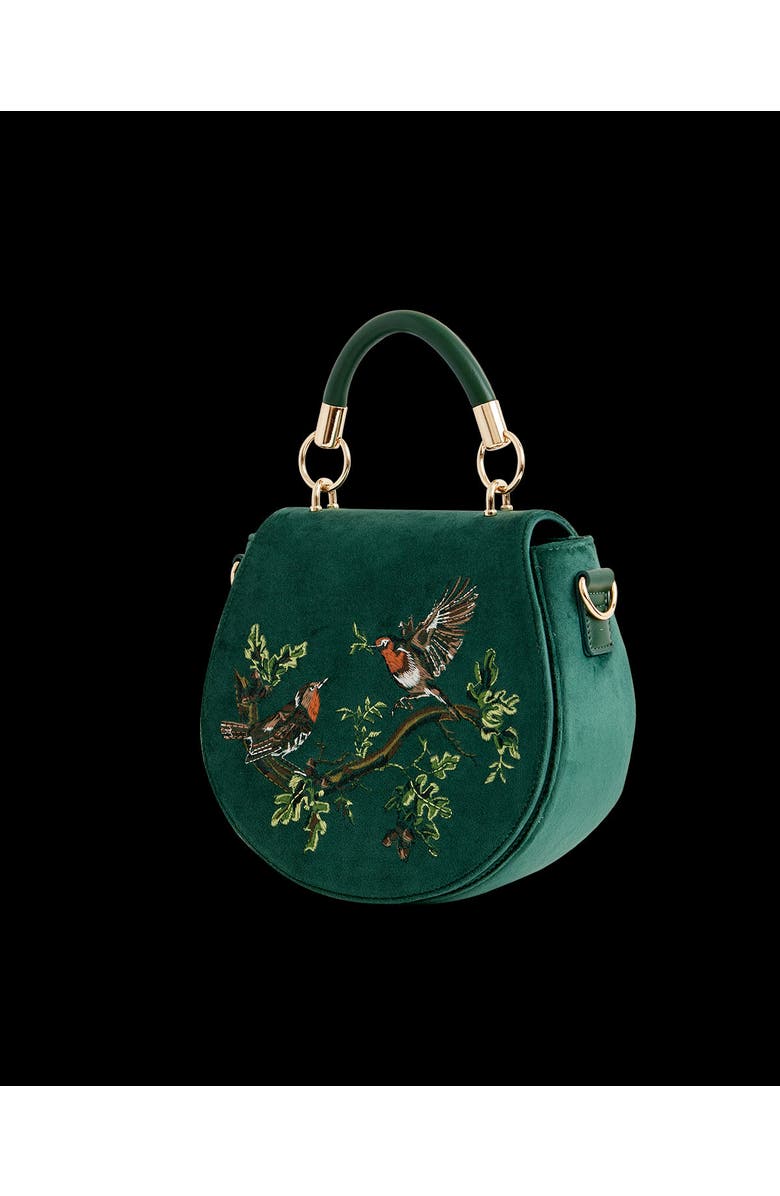 Fable England Robin Love Embroidered Saddle Bag Fern Green Velvet, Alternate, color, Green