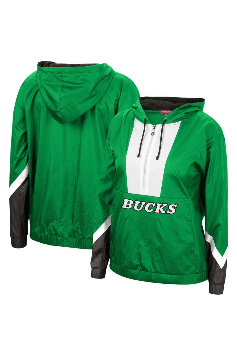 Women's Mitchell & Ness Green Milwaukee Bucks Half-Zip Windbreaker 2.0 Hoodie, Main, color, Green