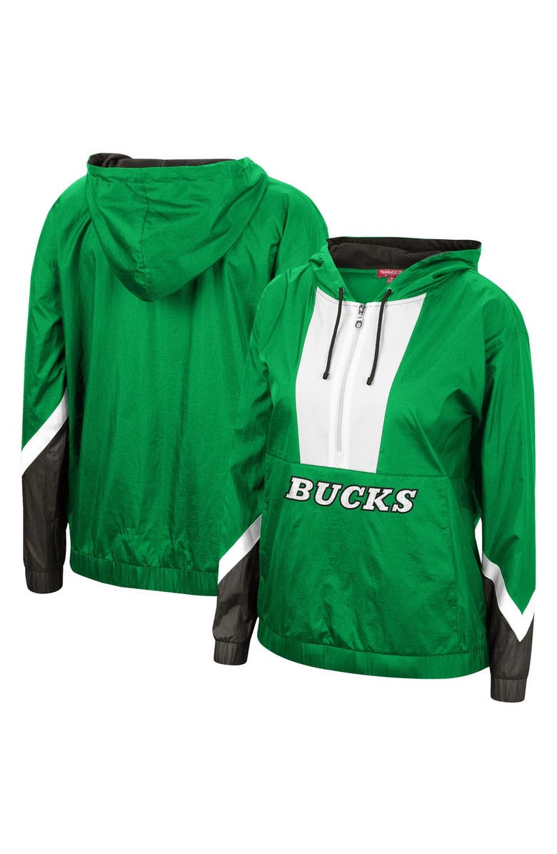 Mitchell & Ness Women's Mitchell & Ness Green Milwaukee Bucks Half-Zip Windbreaker 2.0 Hoodie, Main, color, Green