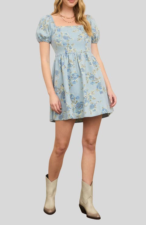 Floral Print Puff Sleeve Denim Minidress