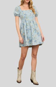 Blu Pepper Floral Print Puff Sleeve Denim Minidress