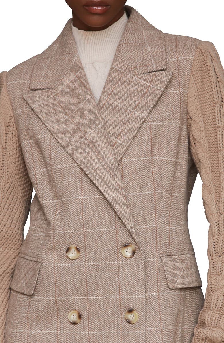 Avec Les Filles Double Breasted Mixed Media Blazer, Alternate, color, Oat Windowpane
