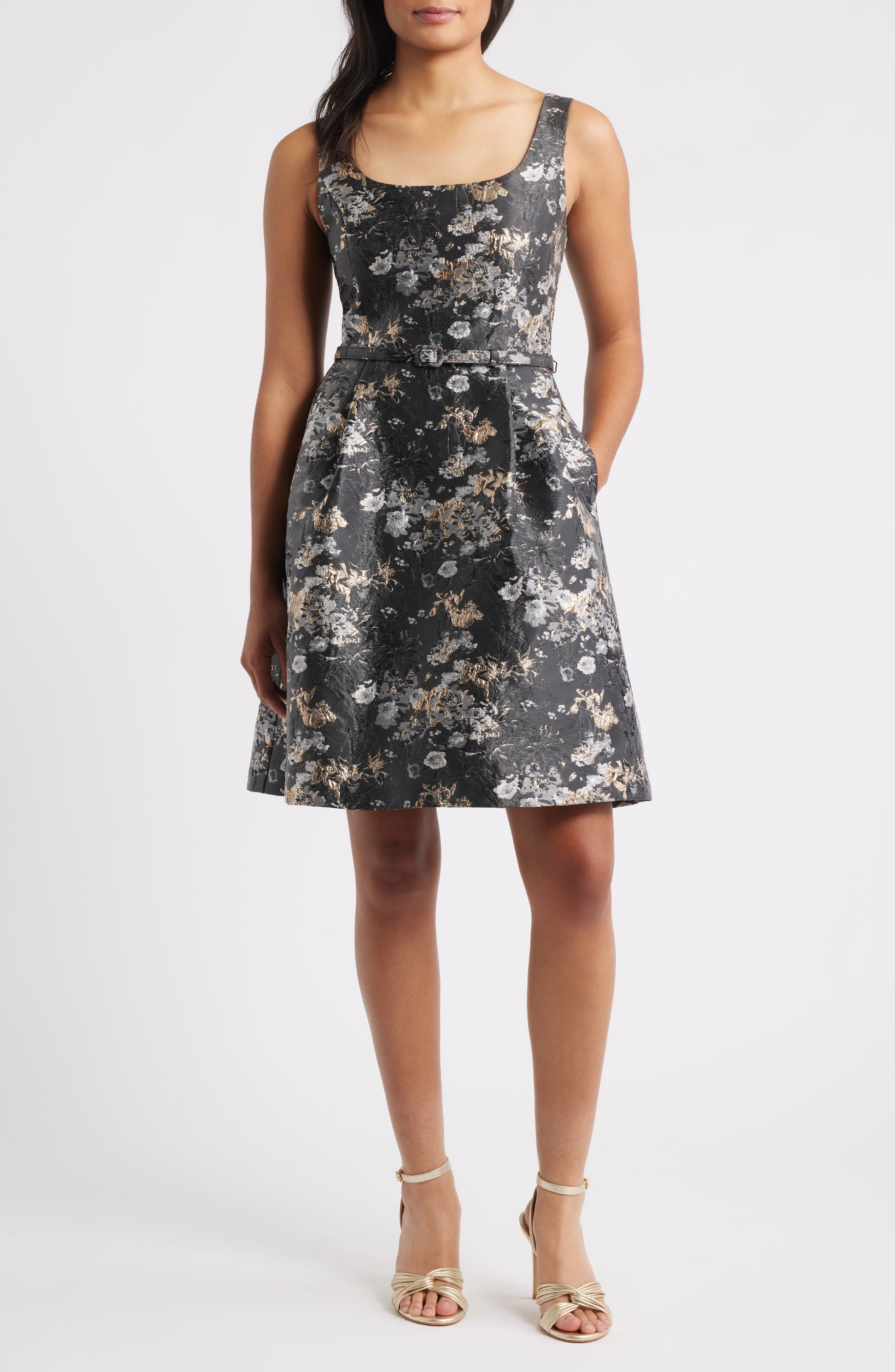 Julia Jordan Metallic Belted Sleeveless Dress