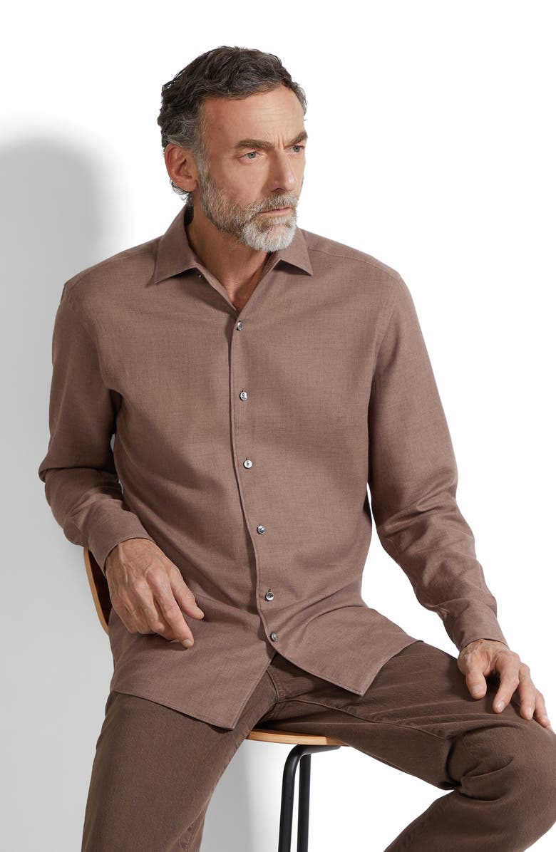 ZEGNA Cashco Cotton & Cashmere Button-Up Shirt, Alternate, color, Brown Melange