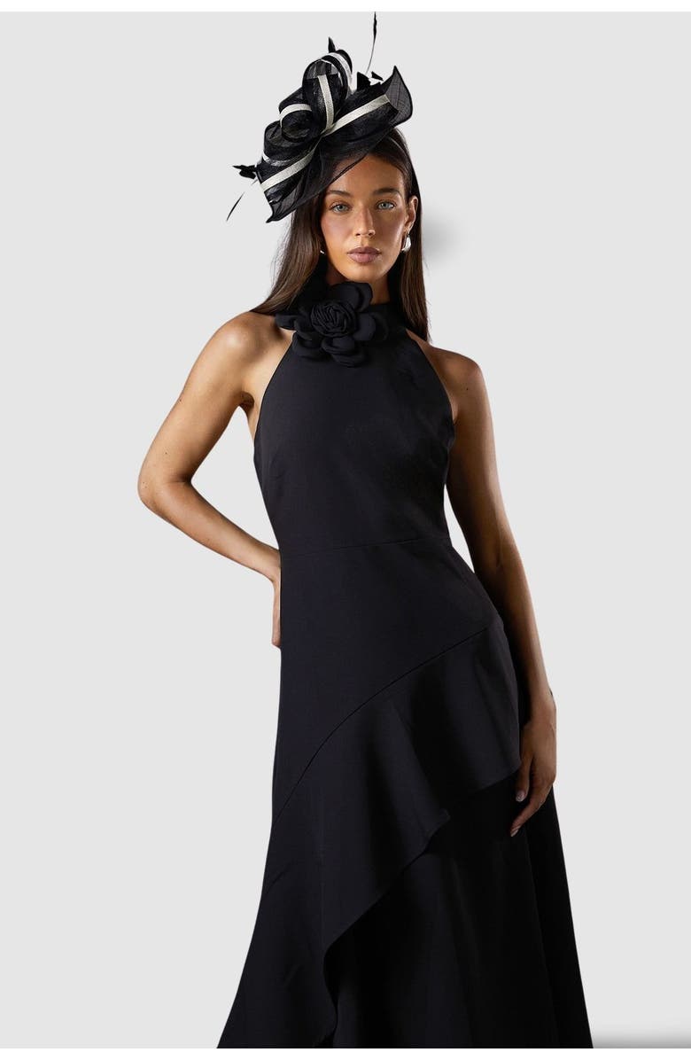 Coast High Neck Corsage Detail Midi Dress, Alternate, color, Black