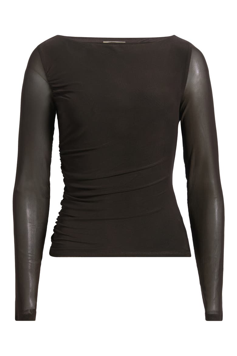 Ruched Long Sleeve Mesh Top, Main, color, BROWN GANACHE