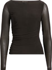 Open Edit Ruched Long Sleeve Mesh Top