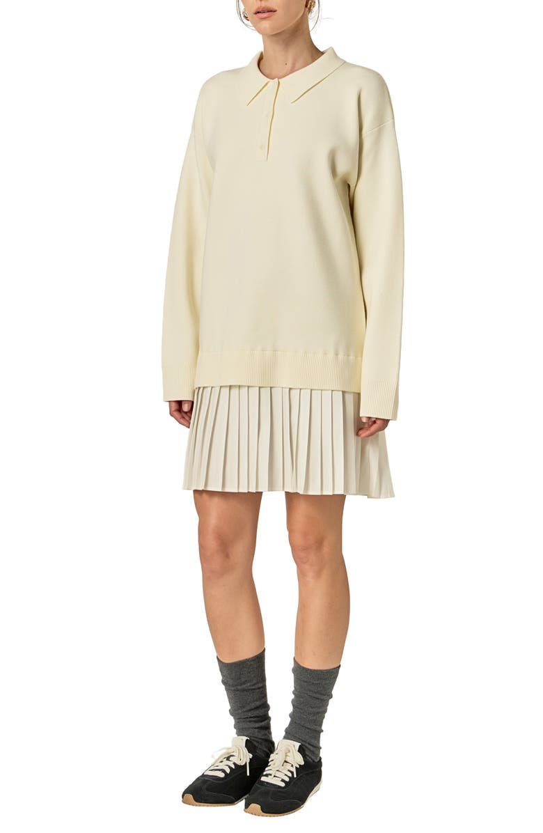 English Factory Long Sleeve Mixed Media Polo Minidress, Alternate, color, Cream
