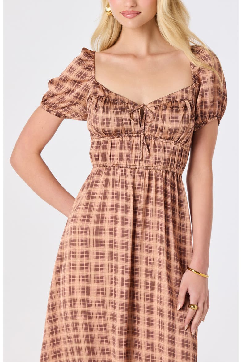 Nallely Puff Sleeve Midi Dress, Alternate, color, BROWN PLAID