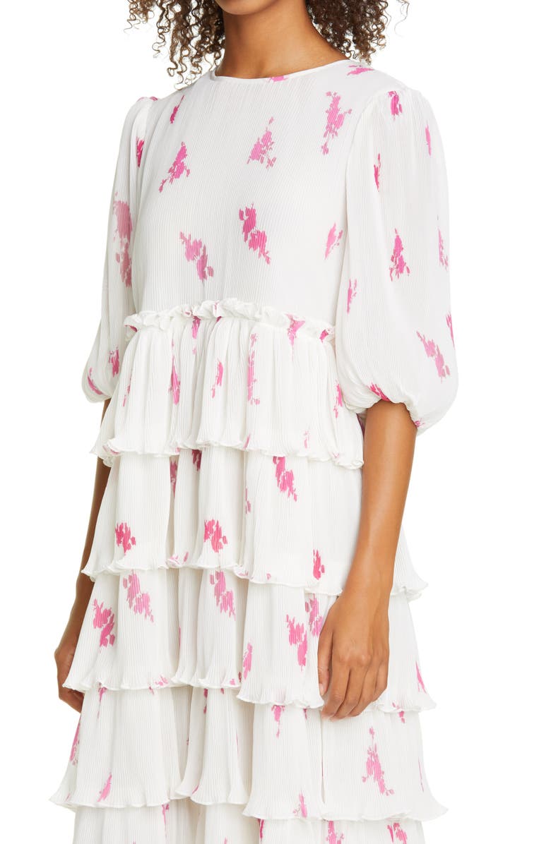 Ganni Rose Print Pleated Georgette Midi Dress, Alternate, color, 