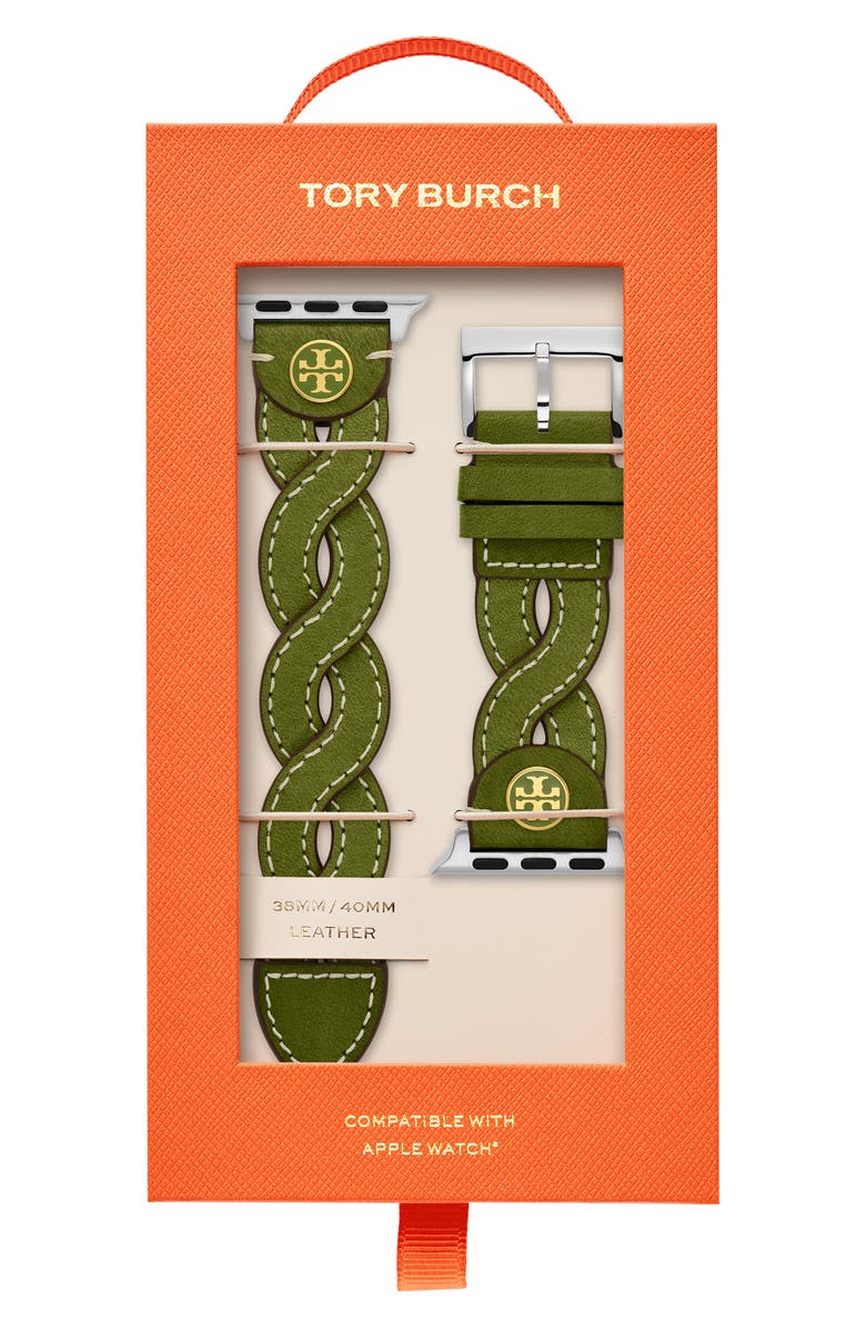 Tory Burch Braided Leather Apple Watch<sup>®</sup> Watchstrap, Alternate, color,