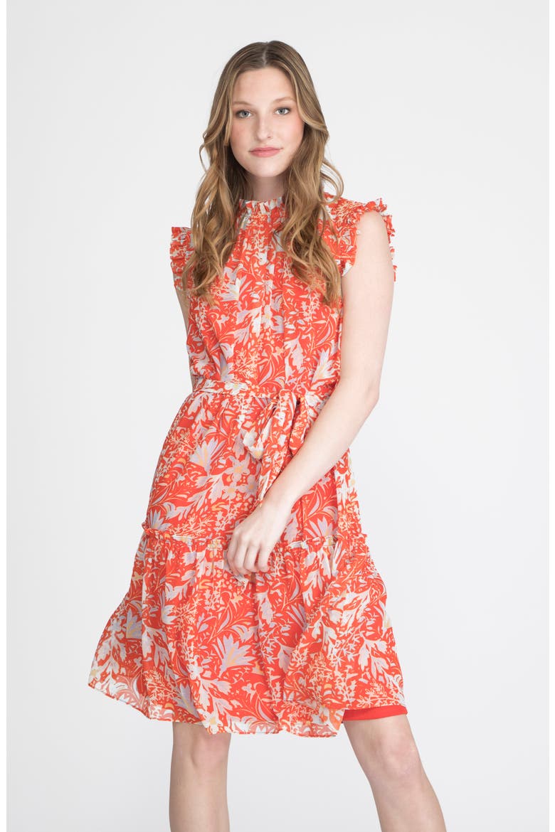 Ruffle Sleeve Fit & Flare Dress, Alternate, color, ORANGE MULTI
