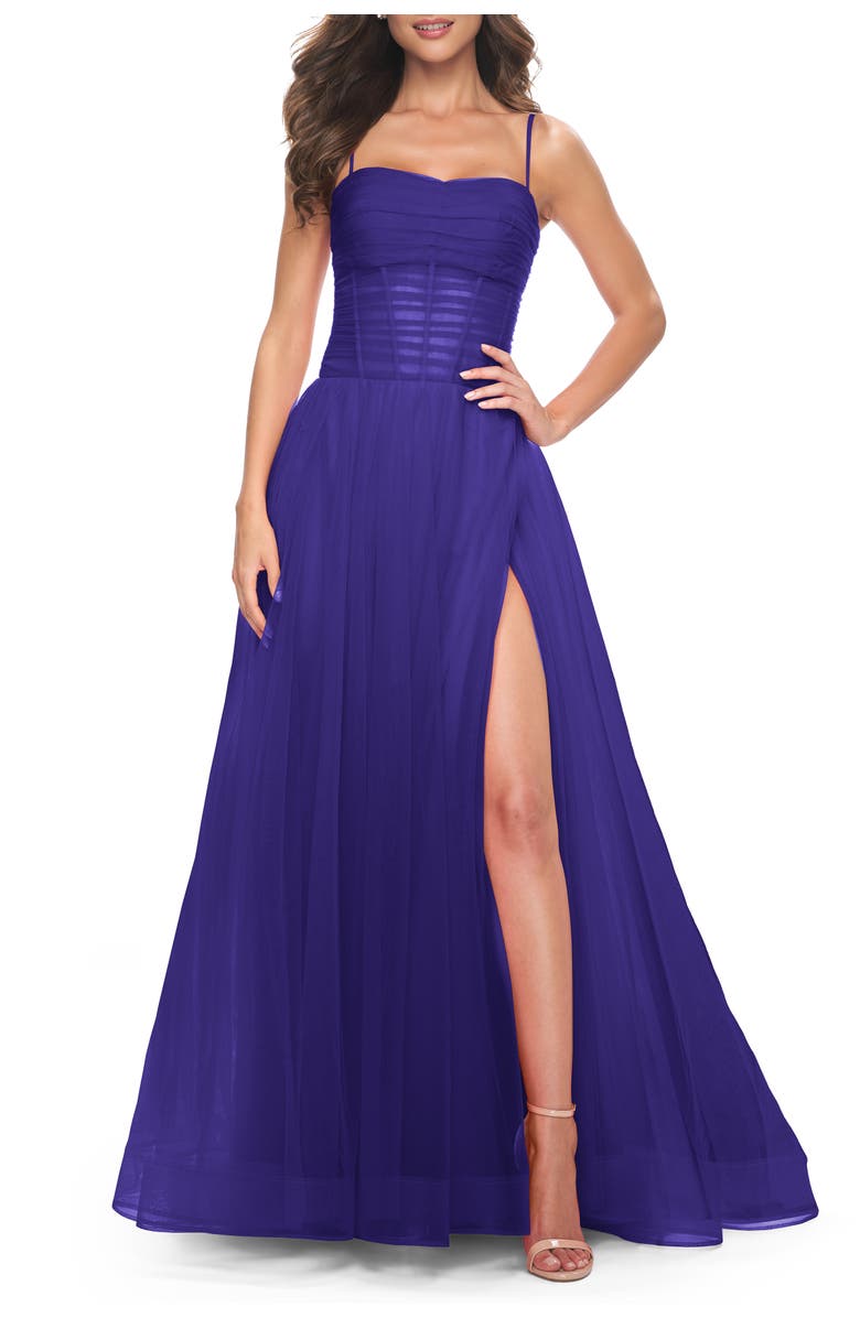 La Femme A-line Square Neck Tulle Ballgown with Illusion Waist, Alternate, color, Indigo