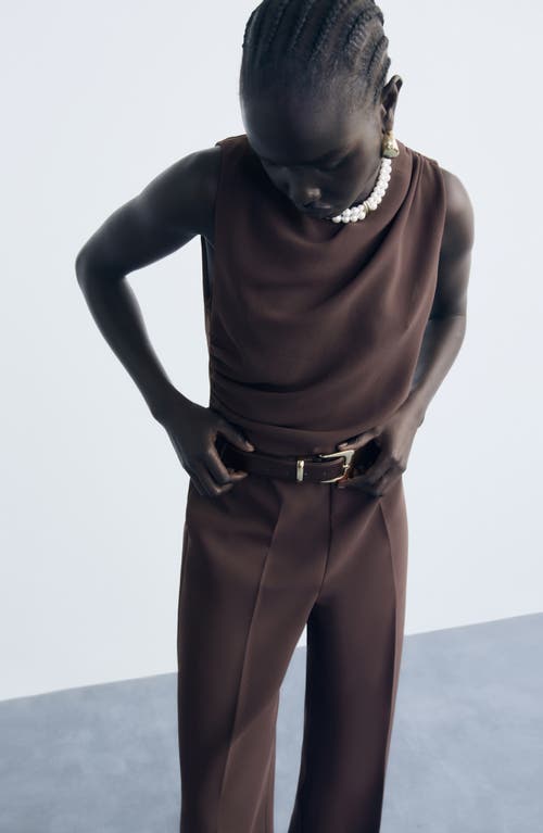 Mango Drape Belted Wide Leg Jumpsuit In Brown