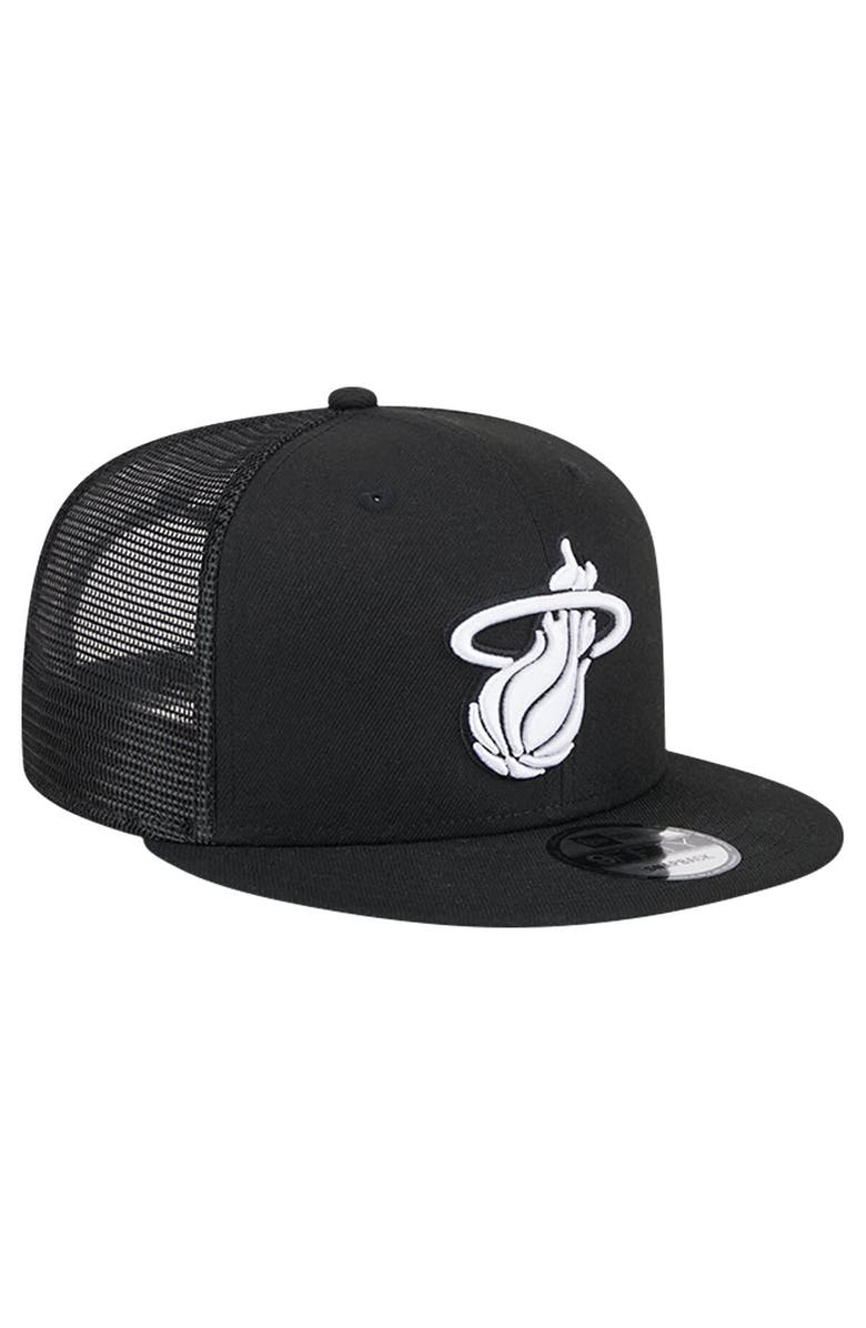 New Era Men's New Era Black Miami Heat Evergreen 9FIFTY Trucker Snapback Hat, Alternate, color,