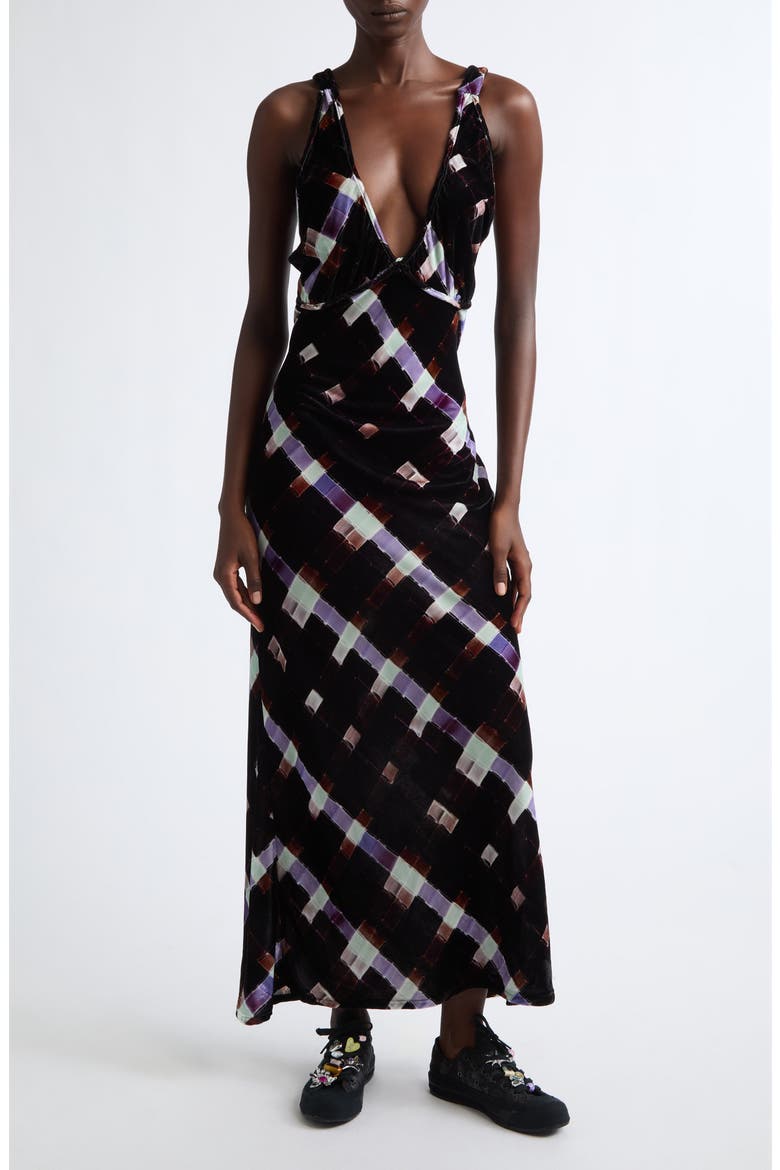 Jacqueline Painted Plaid Plunge Neck Velvet Slipdress, Main, color, CHOCOLATE PAINTED PLAID