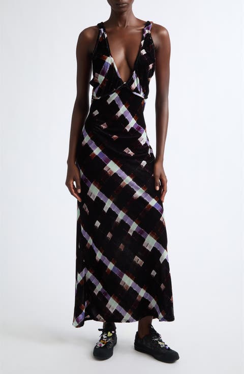 Jacqueline Painted Plaid Plunge Neck Velvet Slipdress
