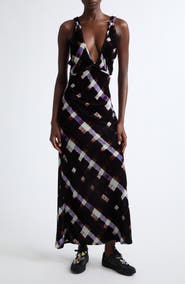 Collina Strada Jacqueline Painted Plaid Plunge Neck Velvet Slipdress