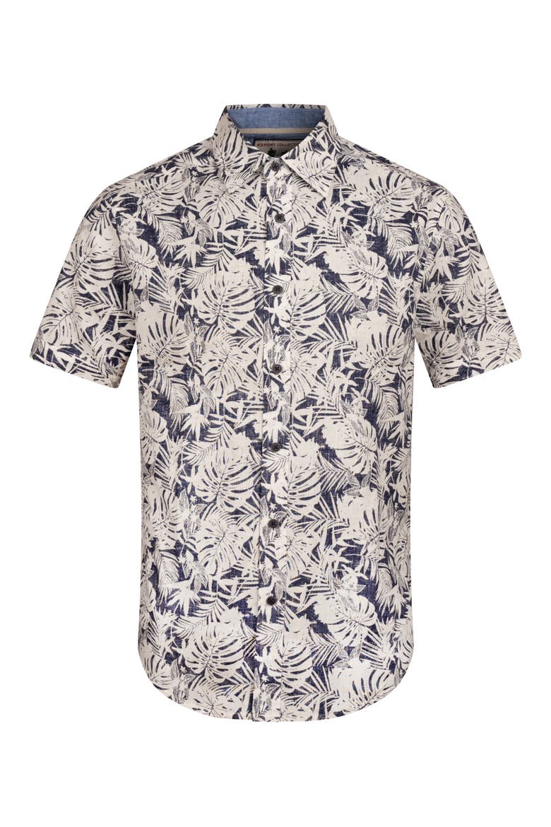Tropical Print Short Sleeve Linen & Cotton Button-Up Shirt, Alternate, color, NAVY