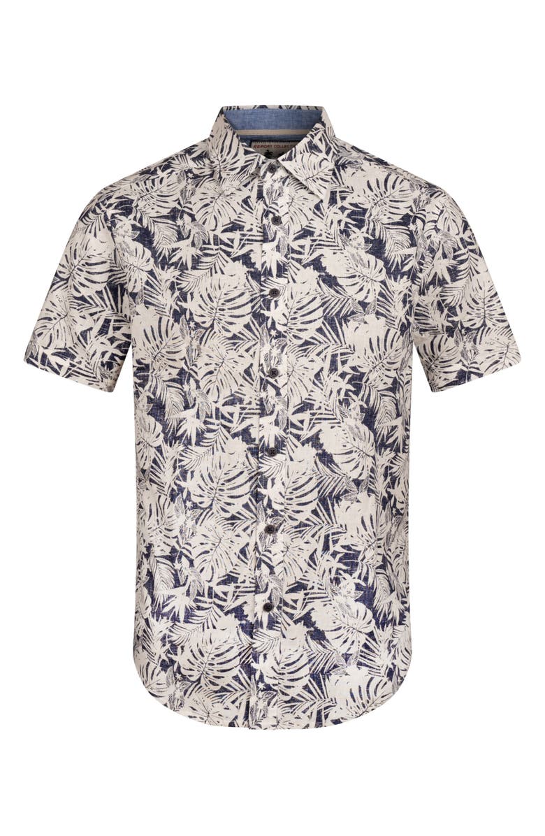 Report Collection Tropical Print Short Sleeve Linen & Cotton Button-Up Shirt, Alternate, color, Navy
