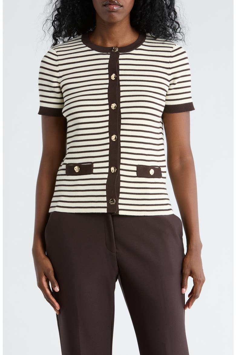 Stripe Short Sleeve Crop Cardigan, Main, color, CREAM/ INKY ESPRESSO