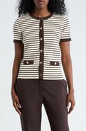 T Tahari Stripe Short Sleeve Crop Cardigan
