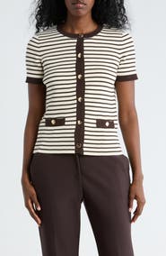 T Tahari Stripe Short Sleeve Crop Cardigan