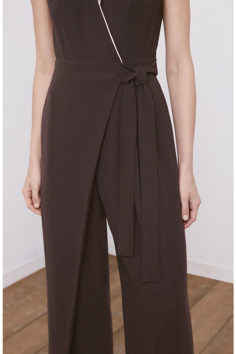 Contrast Piping Faux Wrap Jumpsuit, Alternate, color, CHOCOLATE