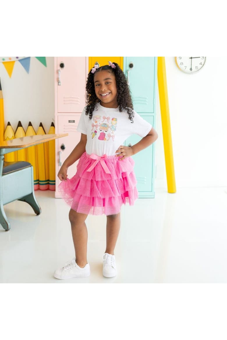 School Doodle Bow Grid Short Sleeve T-Shirt, Alternate, color, White