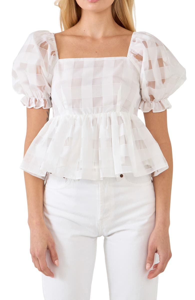 English Factory Check Puff Sleeve Organza Peplum Blouse, Alternate, color, 