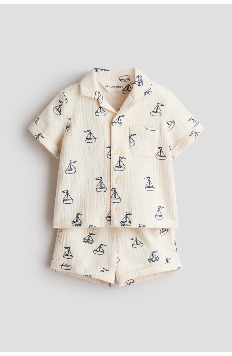 H&M 2-piece Cotton Shirt And Shorts Set, Main, color, Light Beige/Sailboats