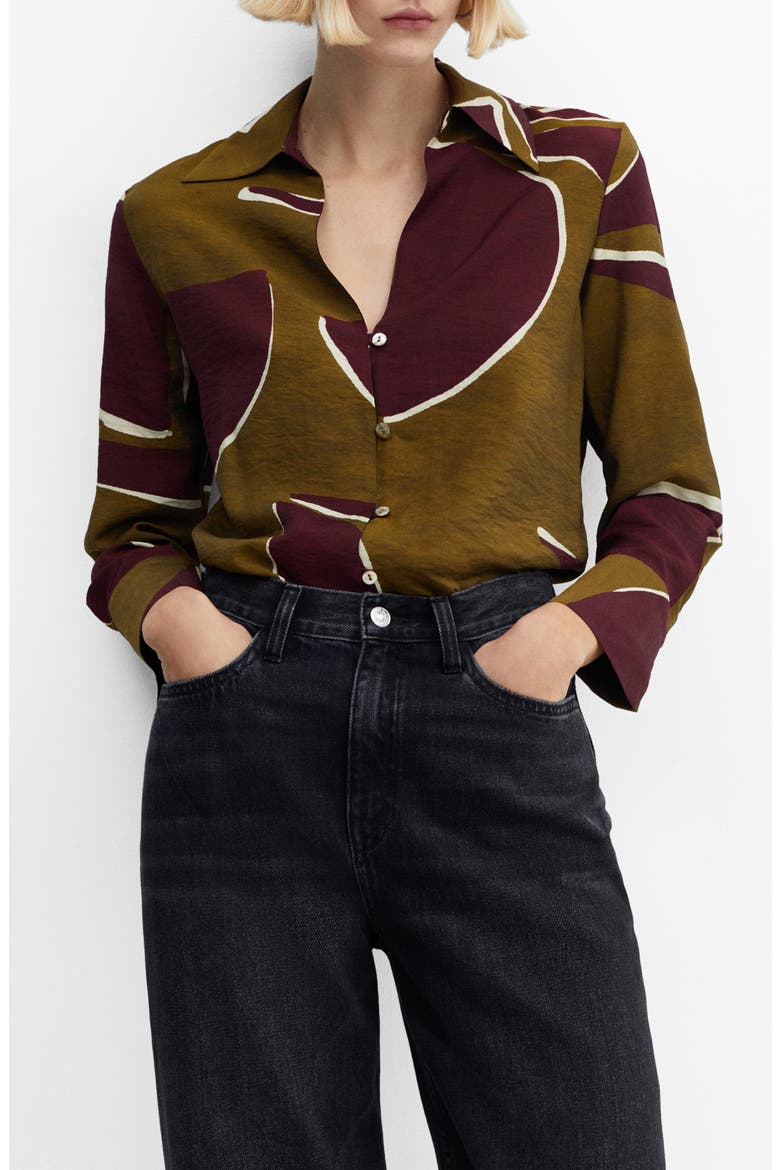 Abstract Print Satin Button-Up Shirt, Main, color, BURGUNDY