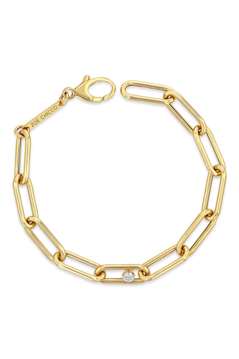 Large Paperclip Chain Bracelet with Prong Diamond, Alternate, color, 14K YELOW GOLD