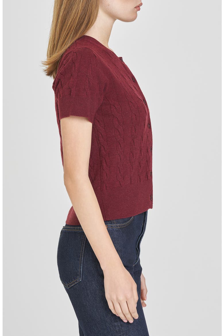 Mallie Short Sleeve Cable Cardigan, Alternate, color, MERLOT